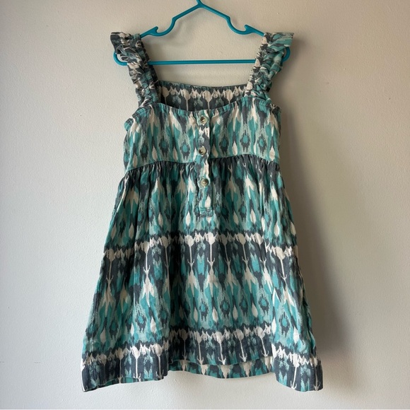 Kate Quinn Girls 4T Ruffle Strap Pocket Dress Teal Gray Ikat Print Summer Outfit - Picture 6 of 8